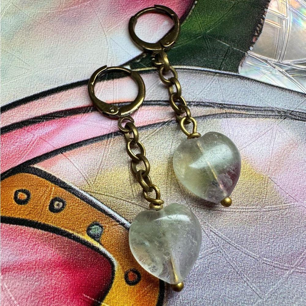 Vintage Style Handcrafted Heart-Shaped Rainbow Fluorite Lever Back Earrings